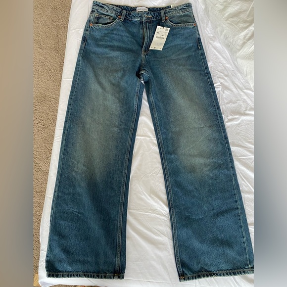 Zara Mid Rise TRE Loose Fit Long straight leg Jeans Blue size 32 US 10 NWT - Picture 10 of 16